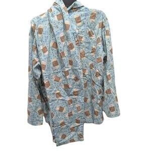 100% Cotton Coffee Lover Blue Long Sleeve Pants Pajamas Matching Set Size Medium